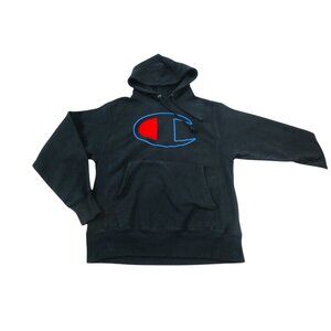 Champion Hoodie Mens Black Fleece Lined Reverse Weave New York USA Logo Pullover